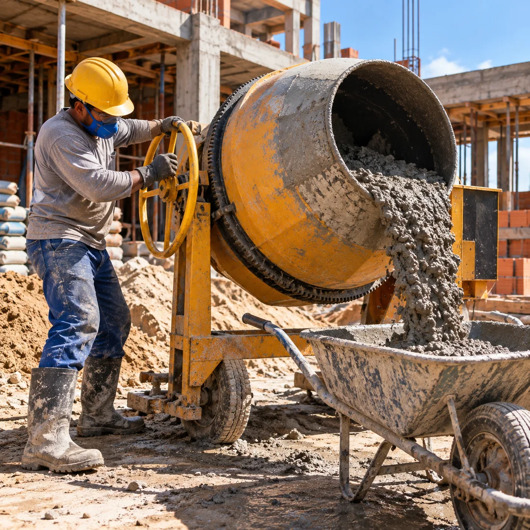 Betoneira em operação de construção