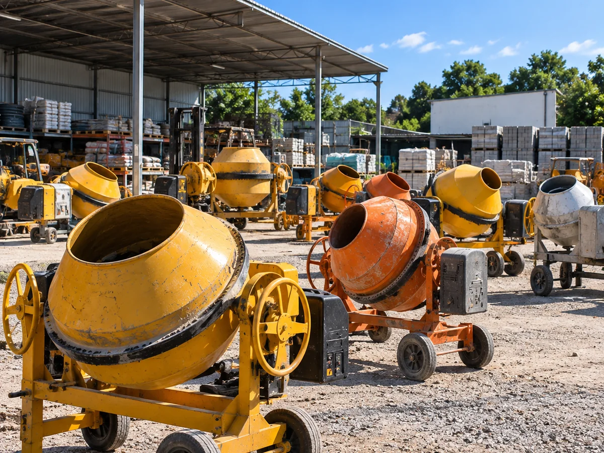 Betoneiras em pátio de locadora de equipamentos